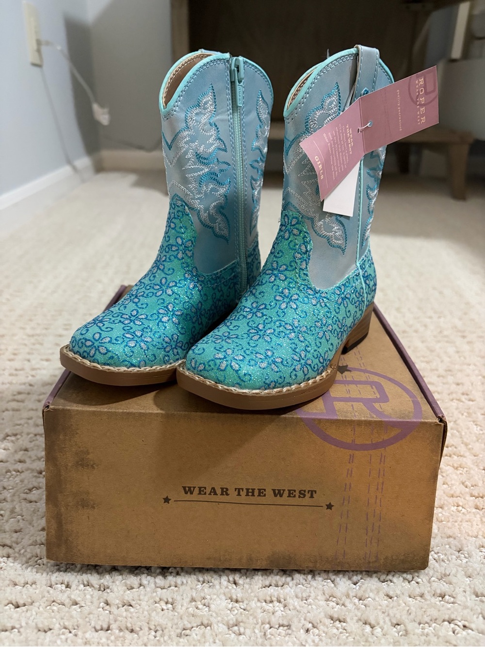 Roper Turquoise Floral Glitter Kids Western Boots